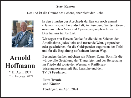 Traueranzeige von Arnold Hoffmann von Tageszeitung