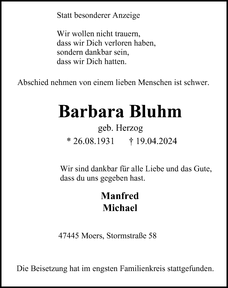  Traueranzeige für Barbara Bluhm vom 27.04.2024 aus Tageszeitung
