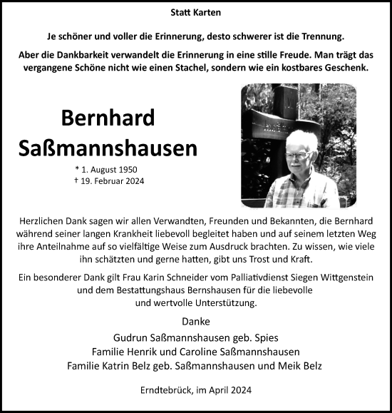 Traueranzeige von Bernhard Saßmannshausen von Tageszeitung