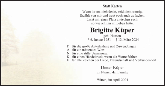 Traueranzeige von Brigitte Küper von Tageszeitung