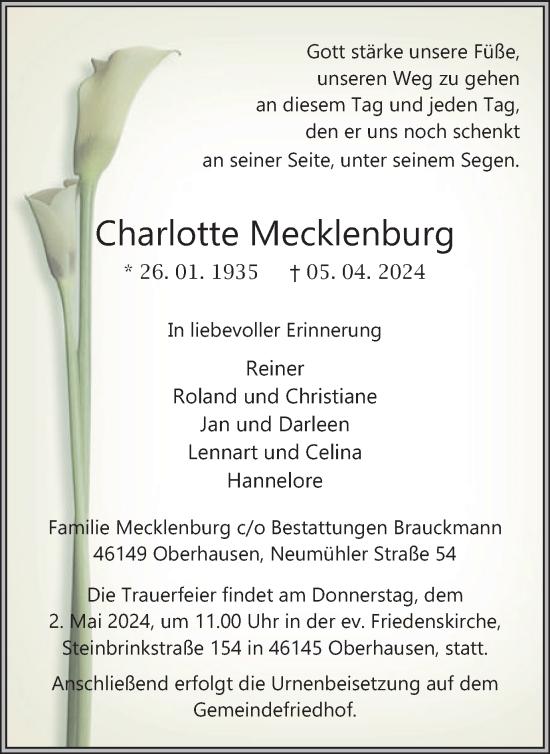 Traueranzeige von Charlotte Mecklenburg von Tageszeitung