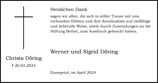 Traueranzeige von Christa Döring von Tageszeitung
