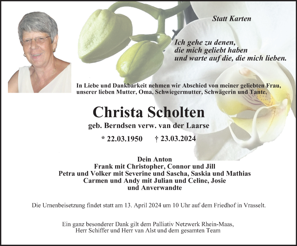  Traueranzeige für Christa Scholten vom 06.04.2024 aus Tageszeitung