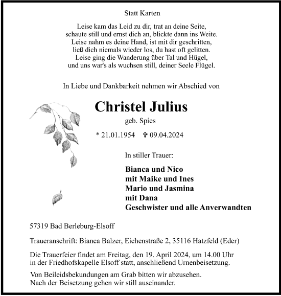 Traueranzeige von Christel Julius von Tageszeitung