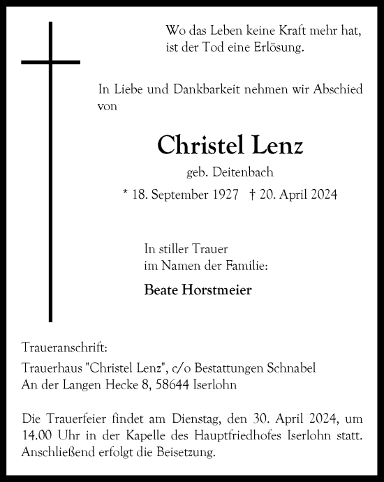 Traueranzeige von Christel Lenz von Tageszeitung