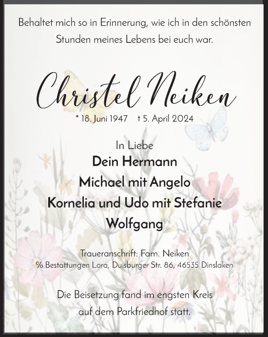 Traueranzeige von Christel Neiken von Tageszeitung