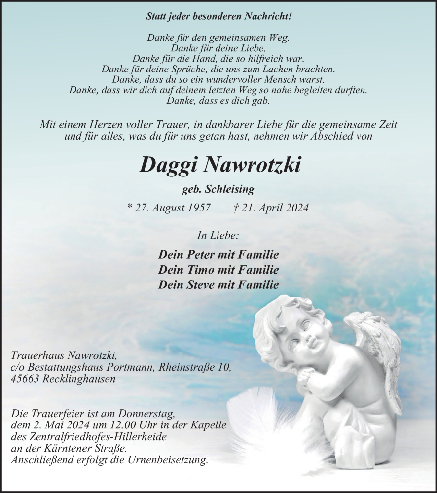  Traueranzeige für Daggi Nawrotzki vom 27.04.2024 aus Tageszeitung