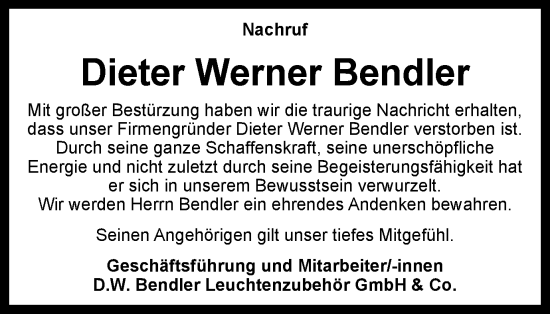 Traueranzeige von Dieter Werner Bendler von Tageszeitung