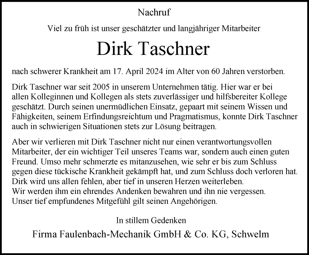  Traueranzeige für Dirk Taschner vom 27.04.2024 aus Tageszeitung