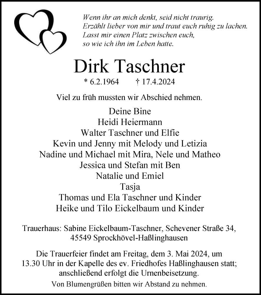  Traueranzeige für Dirk Taschner vom 27.04.2024 aus Tageszeitung