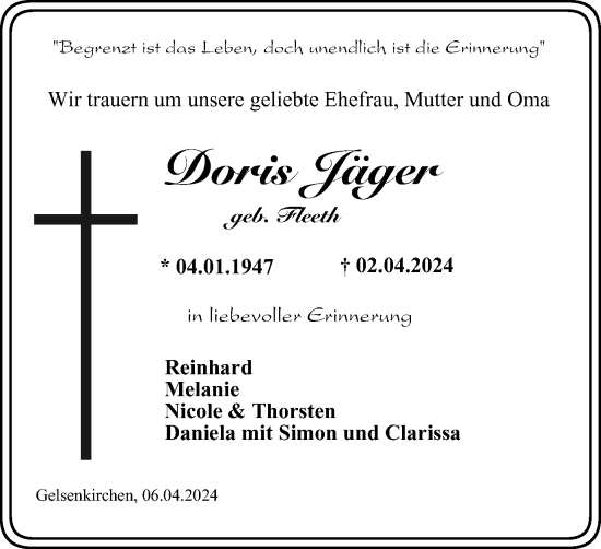 Traueranzeige von Doris Jäger von Tageszeitung