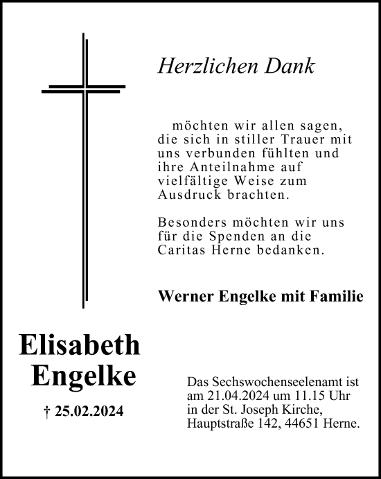 Traueranzeige von Elisabeth Engelke von Tageszeitung