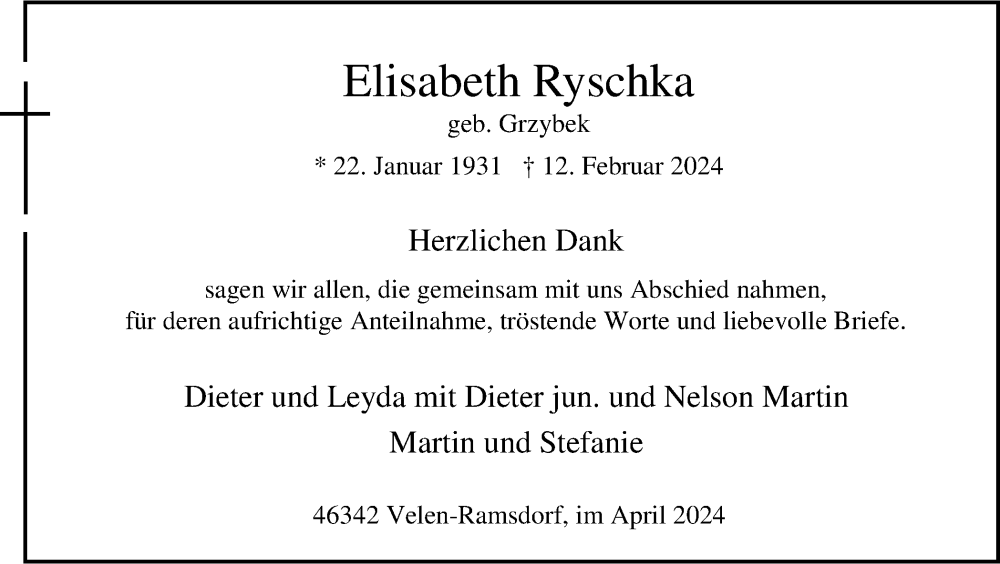  Traueranzeige für Elisabeth Ryschka vom 27.04.2024 aus Tageszeitung