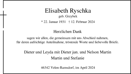 Traueranzeige von Elisabeth Ryschka von Tageszeitung