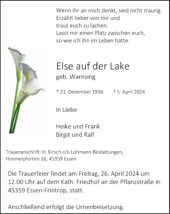 Traueranzeige von Else auf der Lake von Tageszeitung