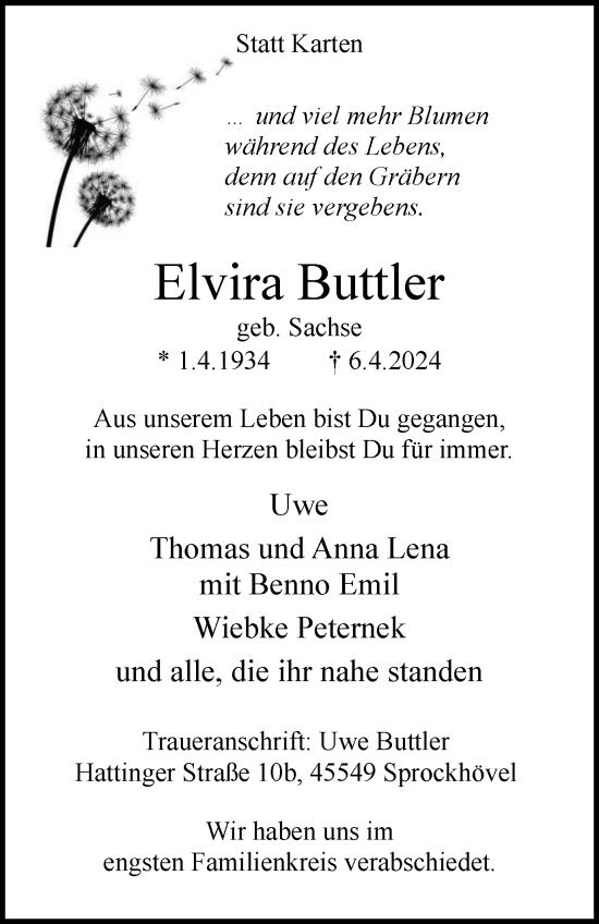 Traueranzeige von Elvira Buttler von Tageszeitung