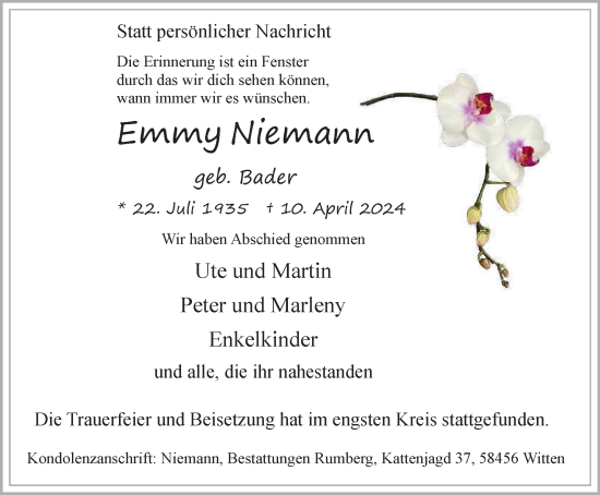 Traueranzeige von Emmy Niemann von Tageszeitung