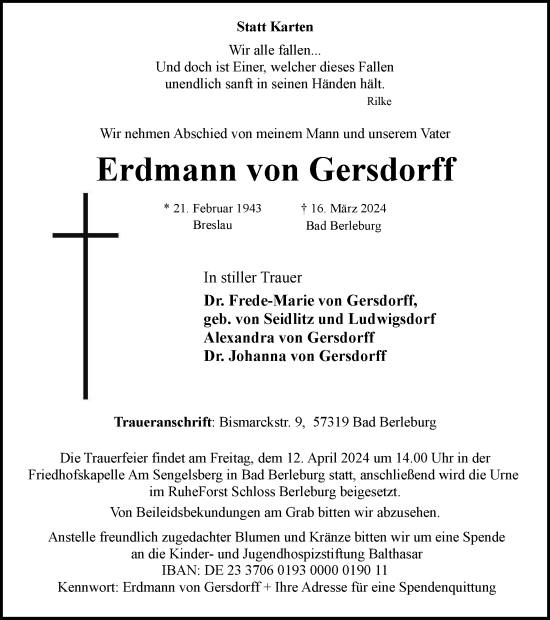 Traueranzeige von Erdmann von Gersdorff von Tageszeitung