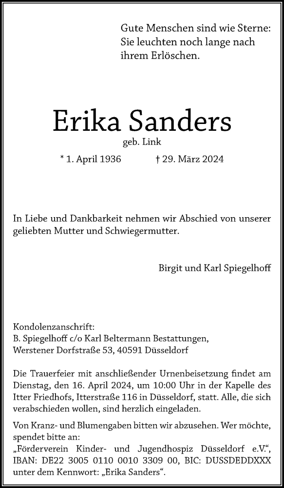  Traueranzeige für Erika Sanders vom 06.04.2024 aus Tageszeitung