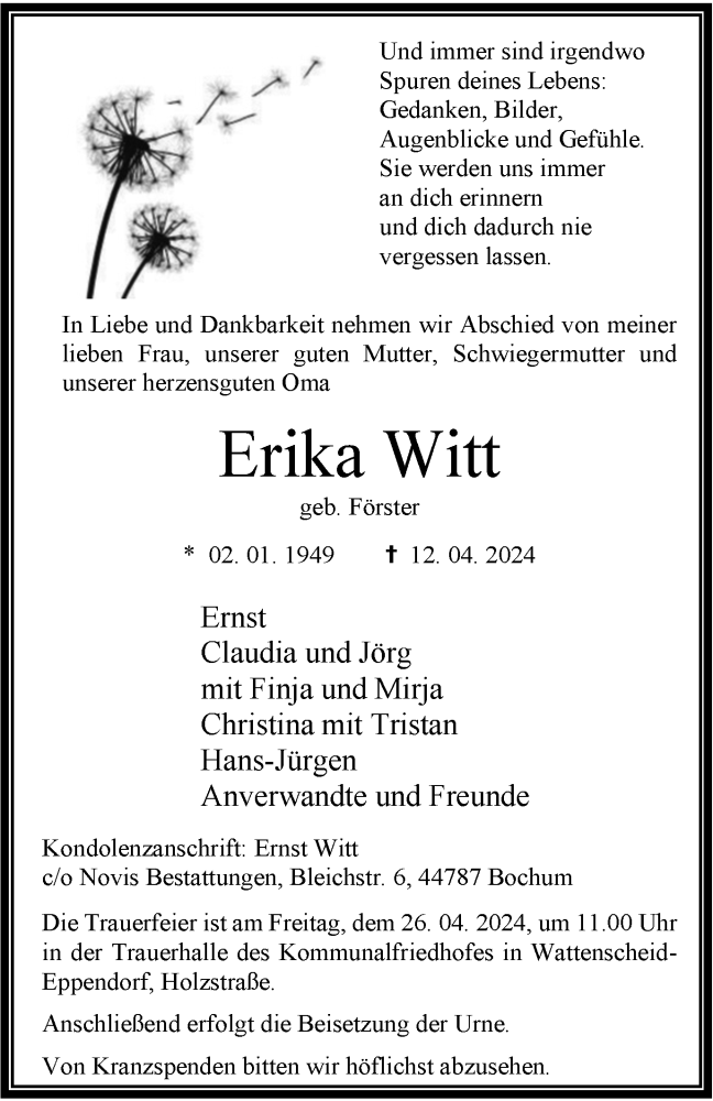  Traueranzeige für Erika Witt vom 20.04.2024 aus Tageszeitung