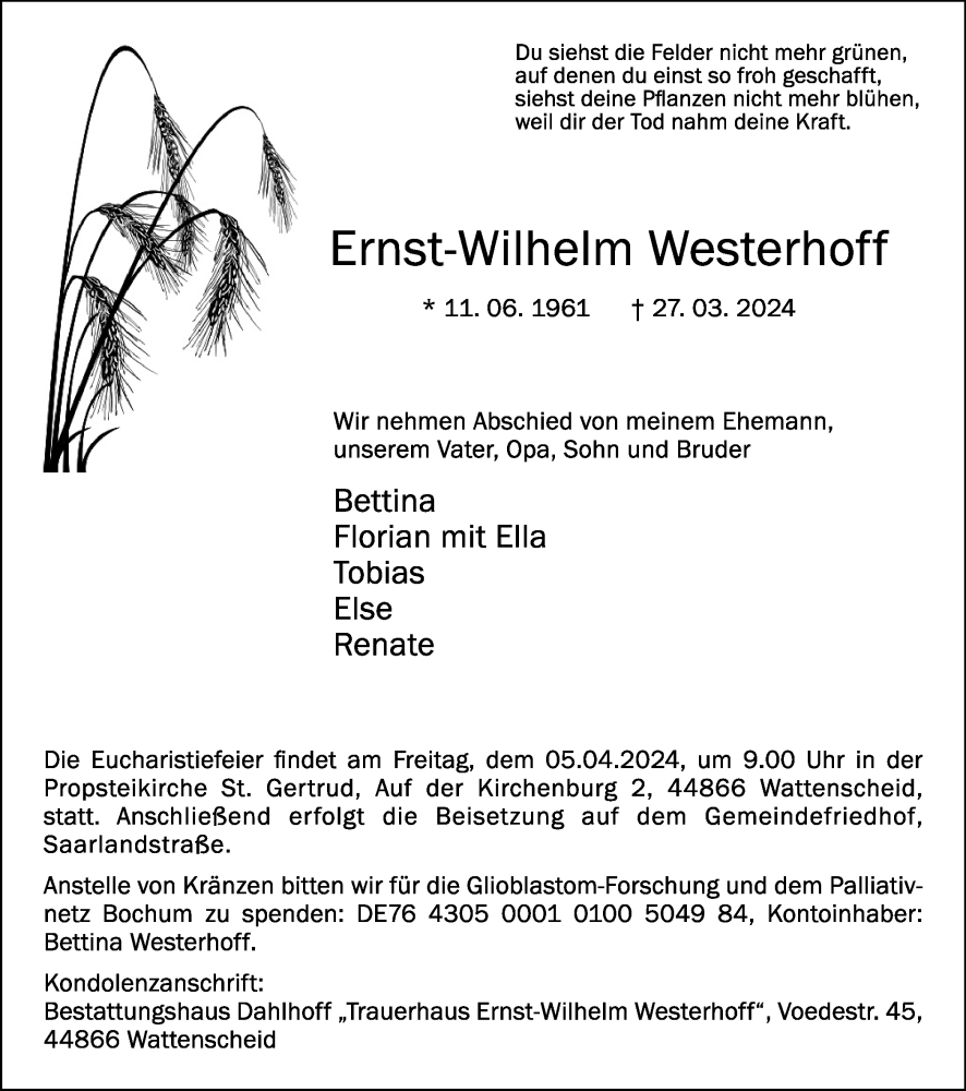  Traueranzeige für Ernst-Wilhelm Westerhoff vom 03.04.2024 aus Tageszeitung