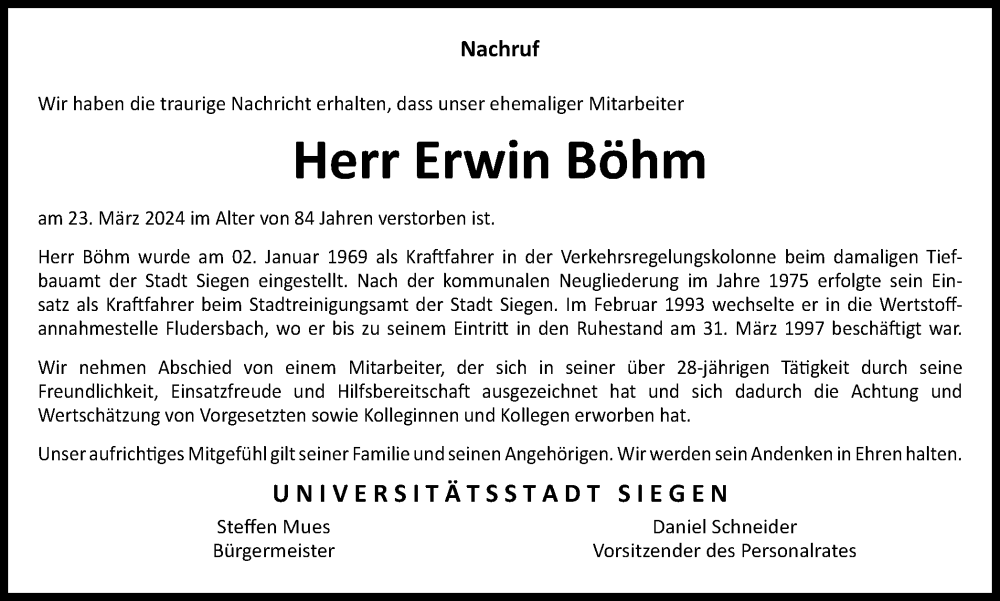  Traueranzeige für Erwin Böhm vom 06.04.2024 aus Tageszeitung
