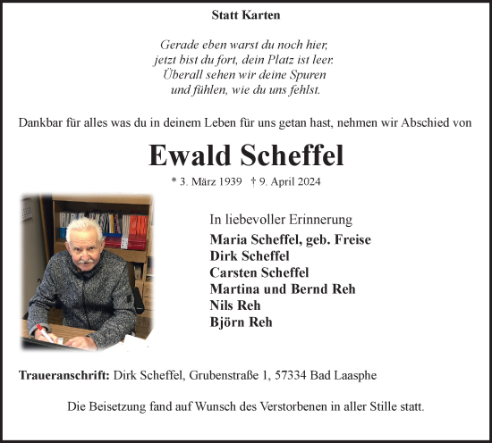 Traueranzeige von Ewald Scheffel von Tageszeitung