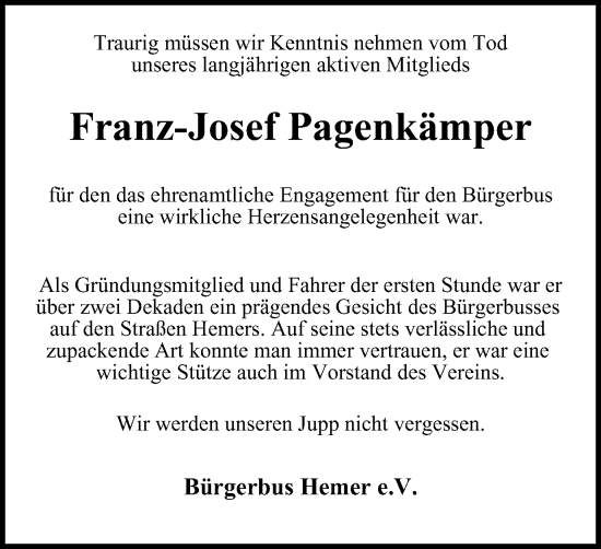 Traueranzeige von Franz-Josef Pagenkämper von Tageszeitung