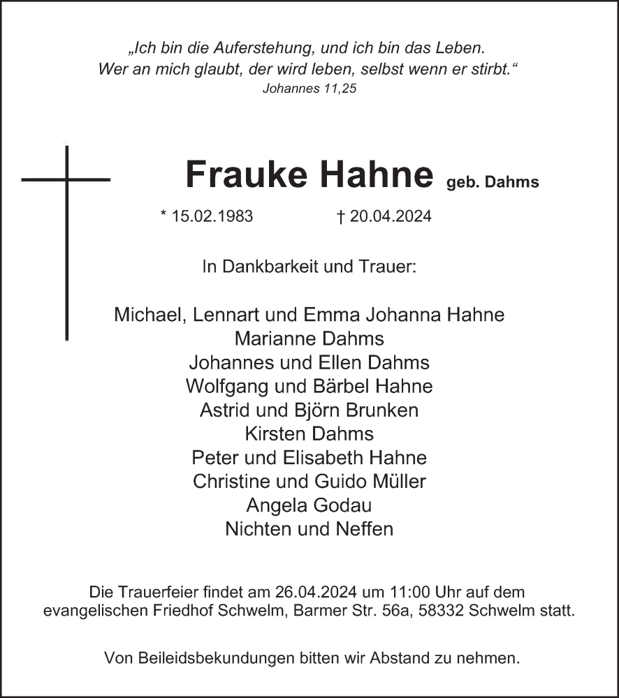  Traueranzeige für Frauke Hahne vom 24.04.2024 aus Tageszeitung