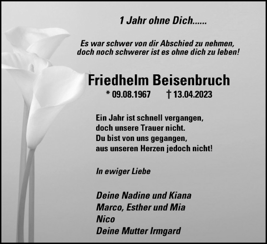 Traueranzeige von Friedhelm Beisenbruch von Tageszeitung