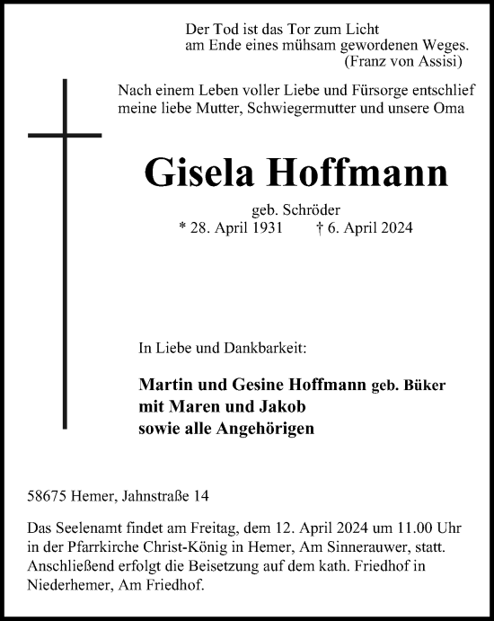 Traueranzeige von Gisela Hoffmann von Tageszeitung