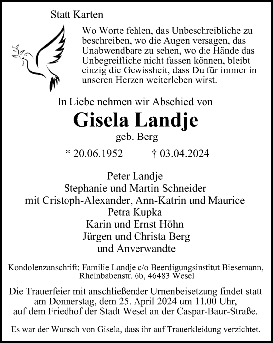 Traueranzeige von Gisela Landje von Tageszeitung