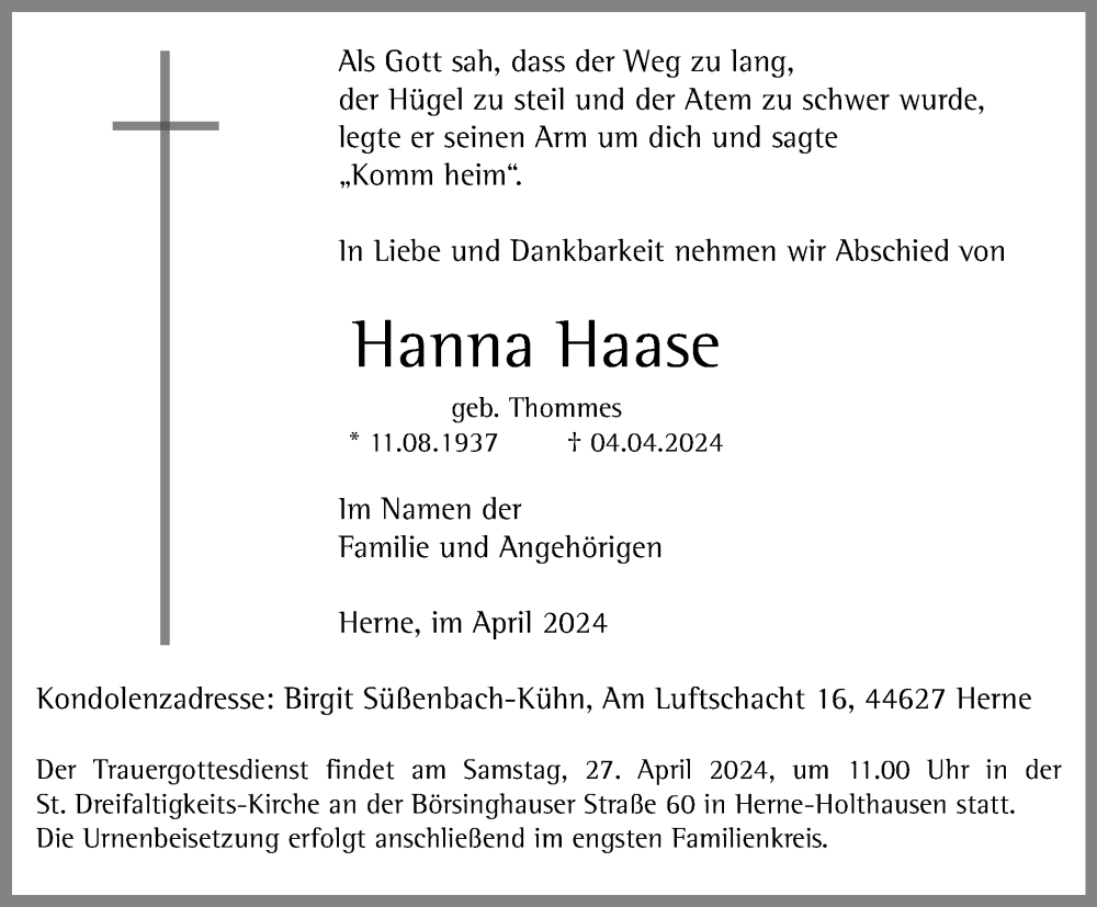  Traueranzeige für Hanna Haase vom 13.04.2024 aus Tageszeitung