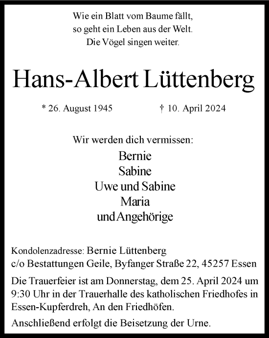 Traueranzeige von Hans-Albert Lüttenberg von Tageszeitung