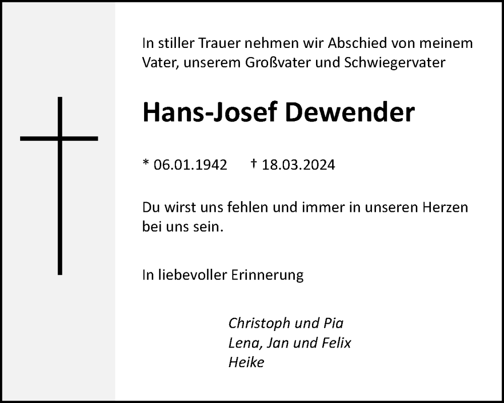  Traueranzeige für Hans-Josef Dewender vom 06.04.2024 aus Tageszeitung