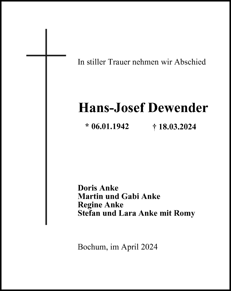  Traueranzeige für Hans-Josef Dewender vom 04.04.2024 aus Tageszeitung