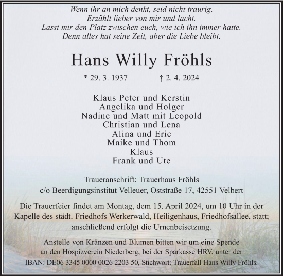 Traueranzeige von Hans Willy Fröhls von Tageszeitung