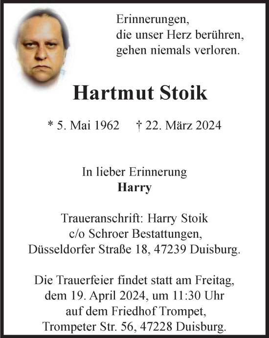 Traueranzeige von Hartmut Stoik von Tageszeitung