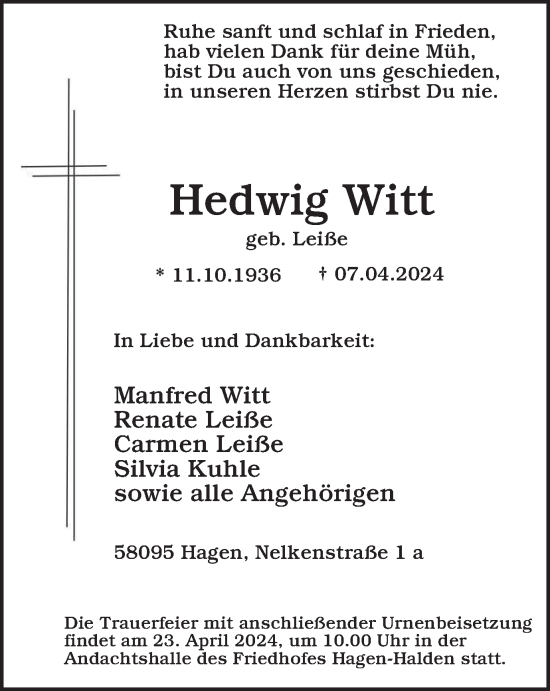 Traueranzeige von Hedwig Witt von Tageszeitung