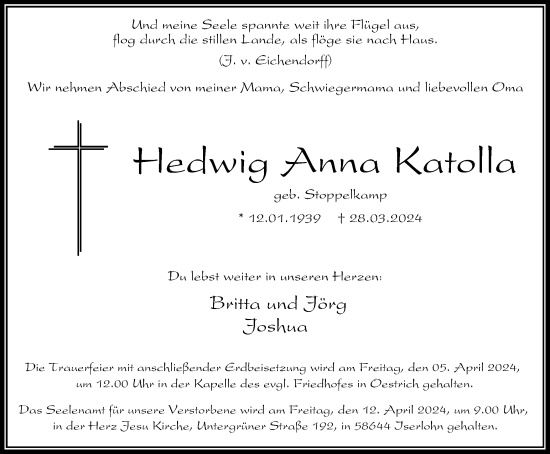 Traueranzeige von Hedwig Anna Katolla von Tageszeitung