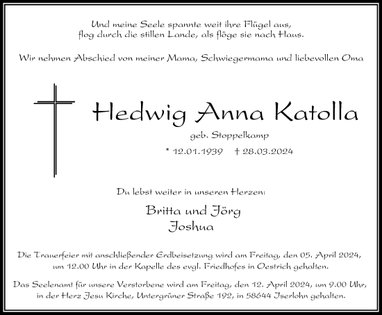 Traueranzeige von Hedwig Anna Katolla von Tageszeitung