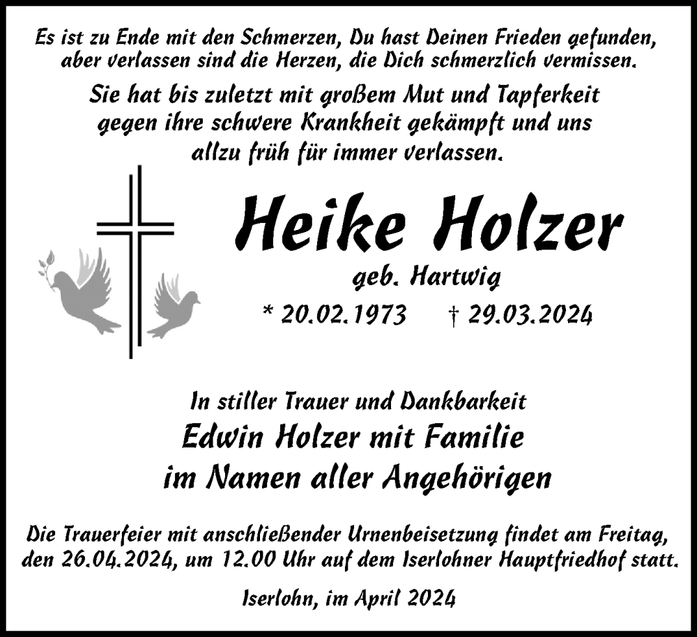  Traueranzeige für Heike Holzer vom 20.04.2024 aus Tageszeitung