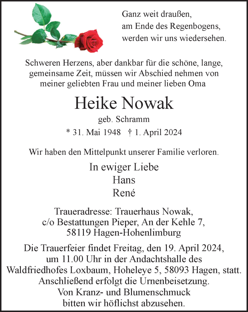  Traueranzeige für Heike Nowak vom 13.04.2024 aus Tageszeitung