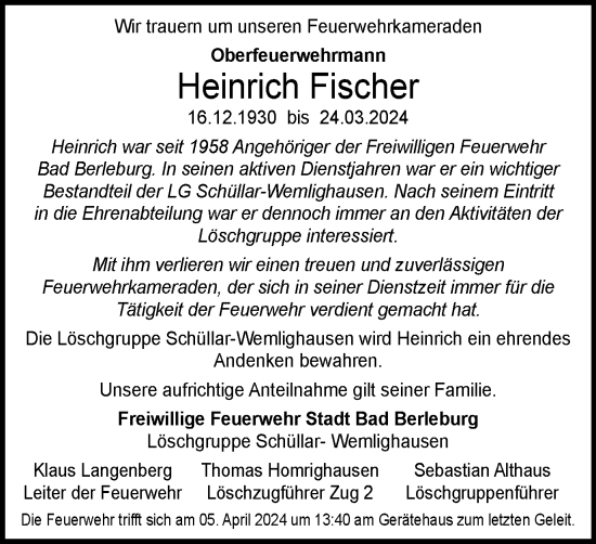 Traueranzeige von Heinrich Fischer von Tageszeitung