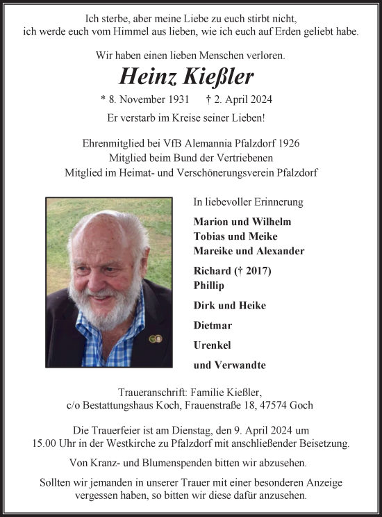 Traueranzeige von Heinz Kießler von Tageszeitung
