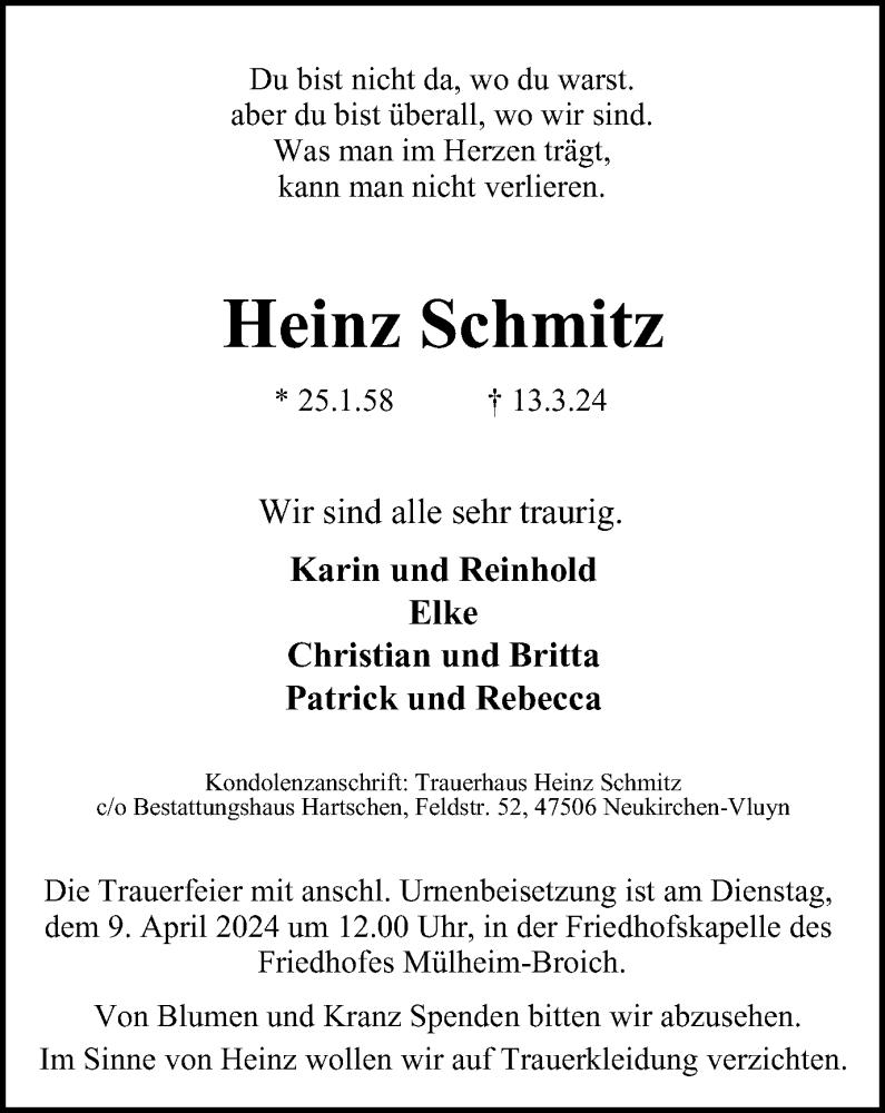  Traueranzeige für Heinz Schmitz vom 06.04.2024 aus Tageszeitung