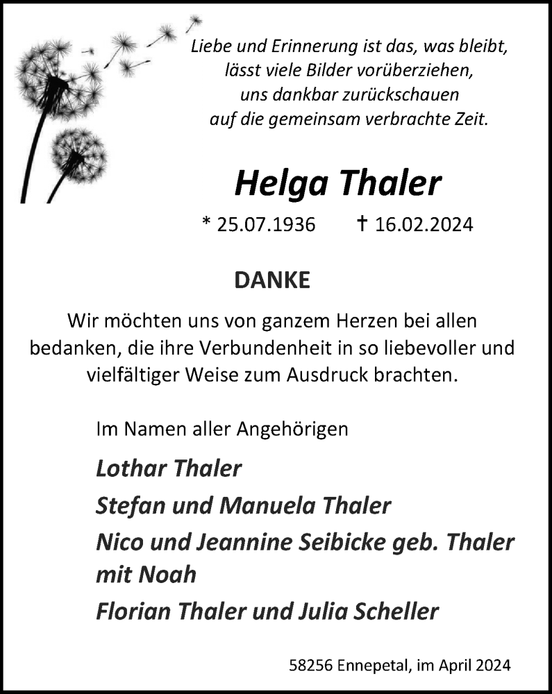  Traueranzeige für Helga Thaler vom 06.04.2024 aus Tageszeitung