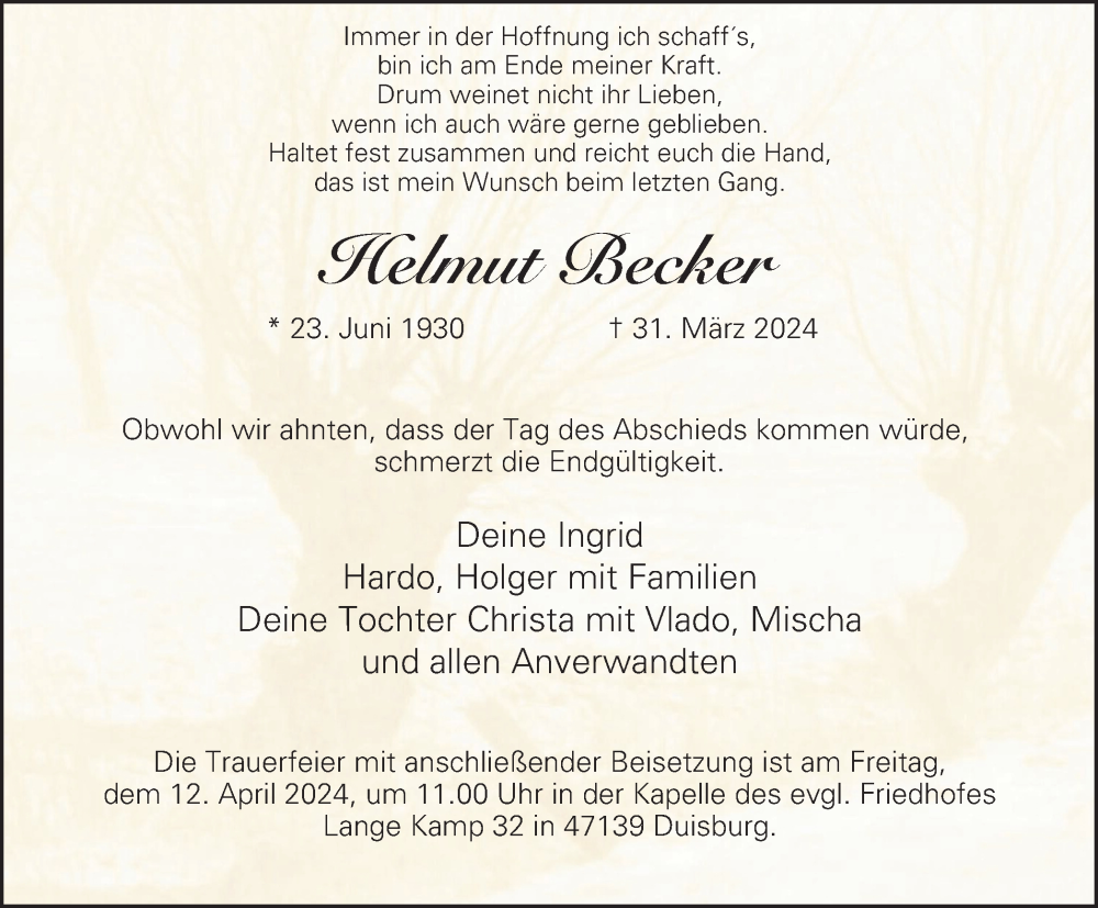  Traueranzeige für Helmut Becker vom 06.04.2024 aus Tageszeitung