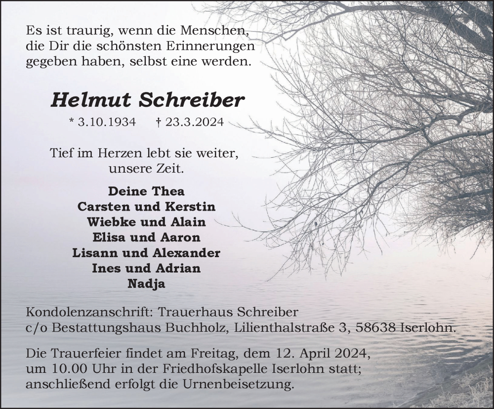  Traueranzeige für Helmut Schreiber vom 06.04.2024 aus Tageszeitung
