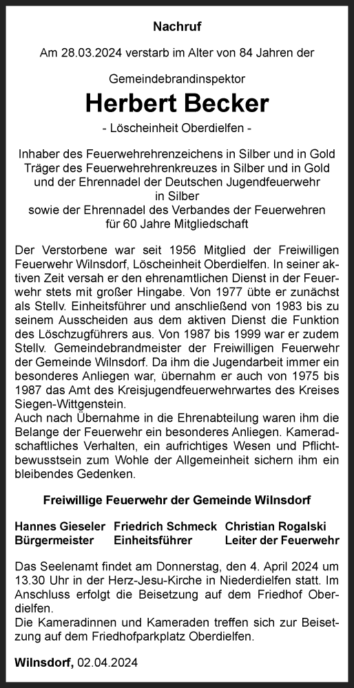 Traueranzeige von Herbert Becker von Tageszeitung